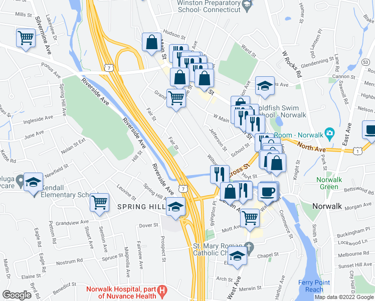 map of restaurants, bars, coffee shops, grocery stores, and more near 1 Loundsbury Avenue in Norwalk