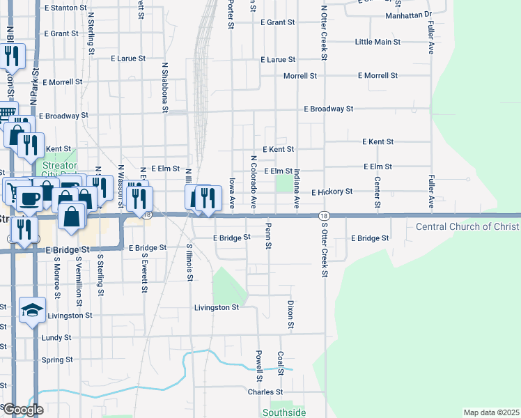 map of restaurants, bars, coffee shops, grocery stores, and more near 1108 East Main Street in Streator