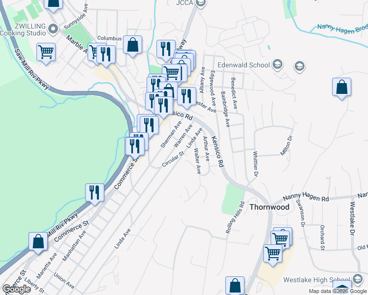 map of restaurants, bars, coffee shops, grocery stores, and more near 854 Warren Avenue in Thornwood