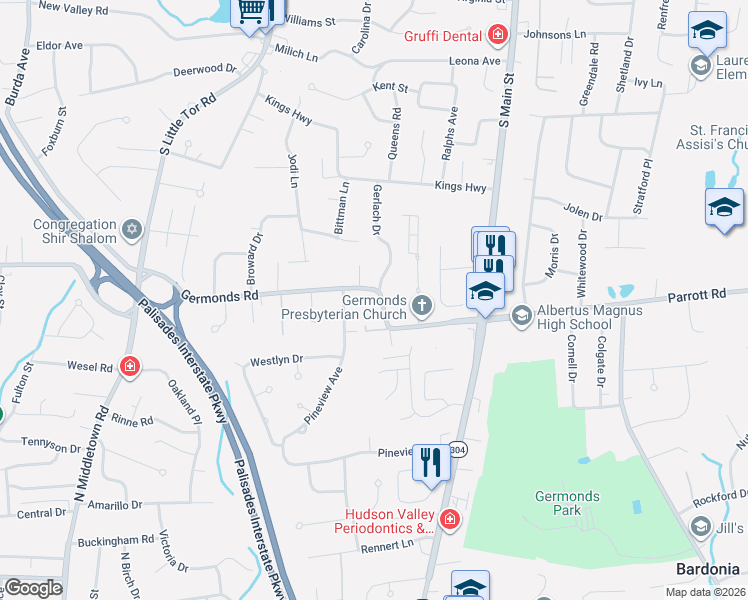 map of restaurants, bars, coffee shops, grocery stores, and more near 27 Germonds Road in New City
