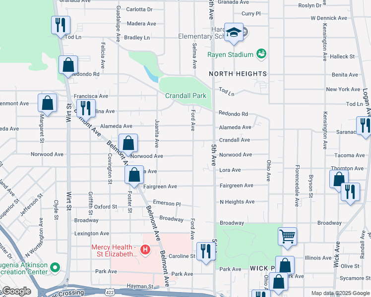 map of restaurants, bars, coffee shops, grocery stores, and more near 1616 Ford Avenue in Youngstown