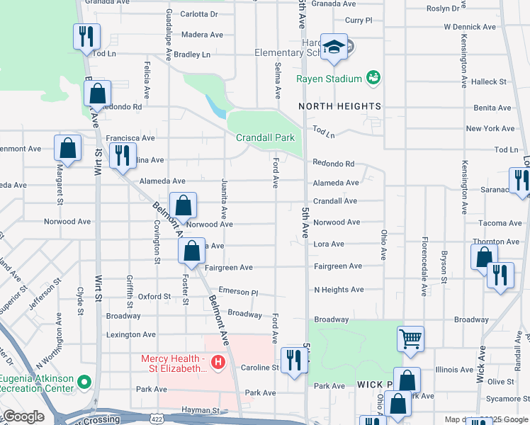 map of restaurants, bars, coffee shops, grocery stores, and more near 1616 Ford Avenue in Youngstown