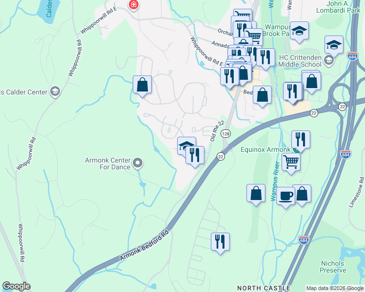 map of restaurants, bars, coffee shops, grocery stores, and more near 4 Alder Way in Armonk