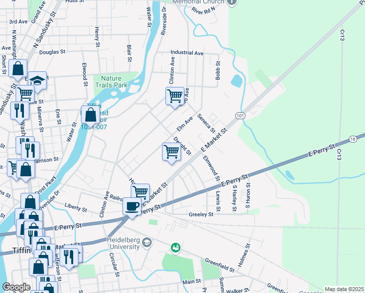 map of restaurants, bars, coffee shops, grocery stores, and more near 100 Dwight St in Tiffin