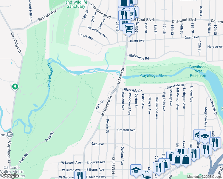 map of restaurants, bars, coffee shops, grocery stores, and more near in Akron