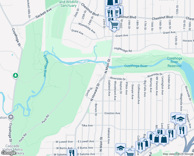 map of restaurants, bars, coffee shops, grocery stores, and more near 1350 North Howard Street in Akron