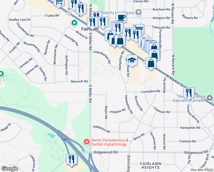 map of restaurants, bars, coffee shops, grocery stores, and more near 2663 Waltham Road in Akron