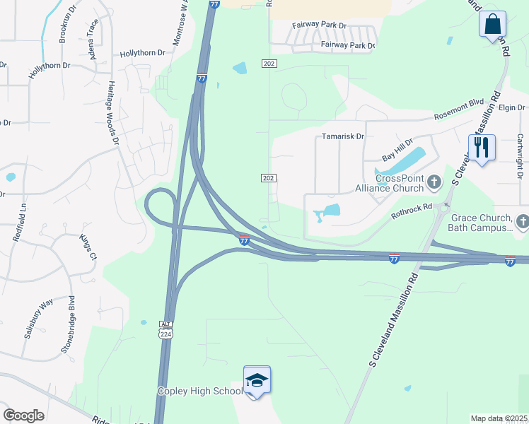 map of restaurants, bars, coffee shops, grocery stores, and more near 543 Rothrock Road in Copley