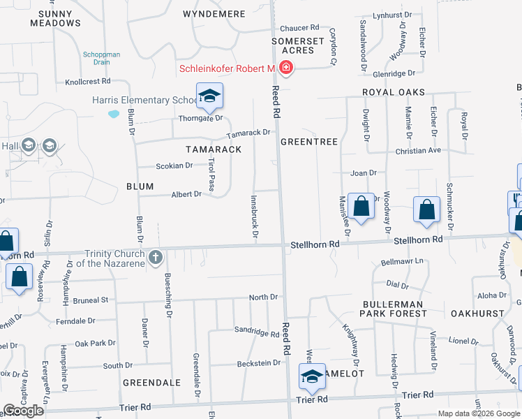map of restaurants, bars, coffee shops, grocery stores, and more near 4537 Reed Road in Fort Wayne