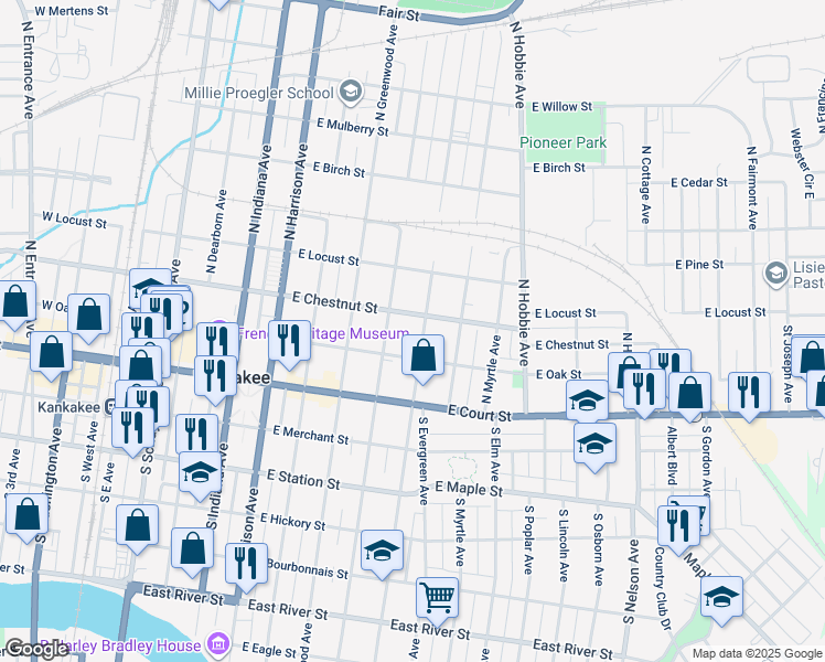 map of restaurants, bars, coffee shops, grocery stores, and more near 244 North Wildwood Avenue in Kankakee