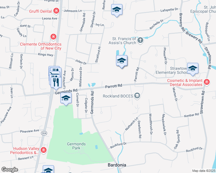 map of restaurants, bars, coffee shops, grocery stores, and more near 30 Parrott Road in West Nyack