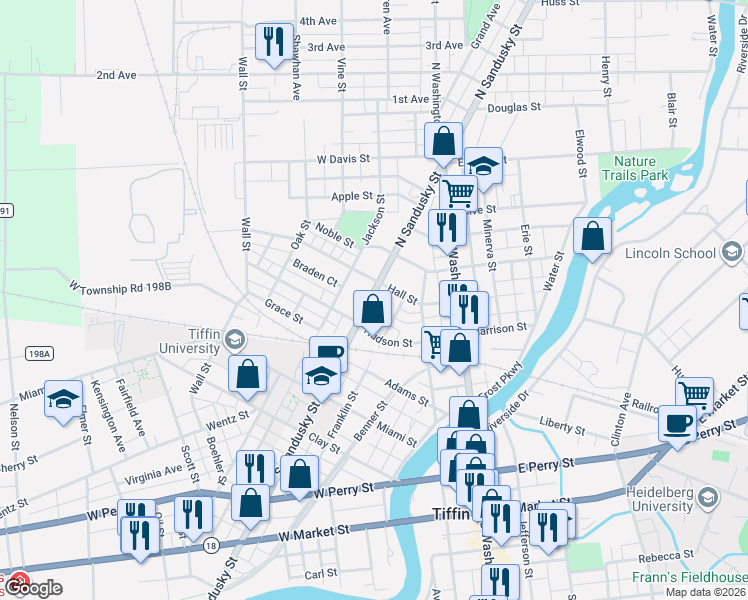 map of restaurants, bars, coffee shops, grocery stores, and more near 223 Franklin Street in Tiffin