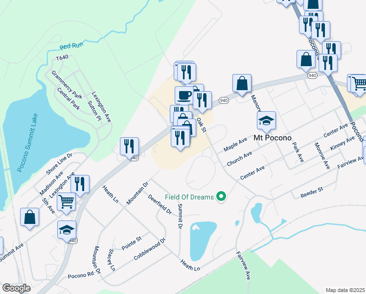 map of restaurants, bars, coffee shops, grocery stores, and more near 3236 Pennsylvania 940 in Mount Pocono
