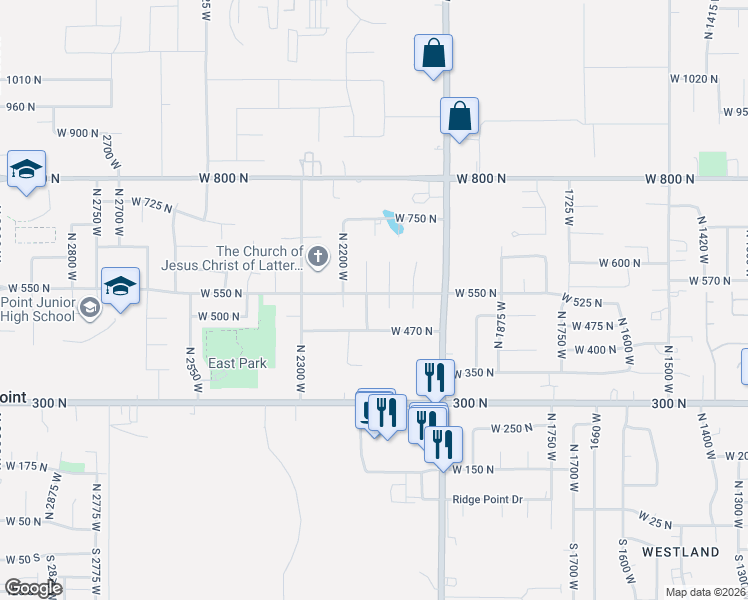 map of restaurants, bars, coffee shops, grocery stores, and more near 2137 West 550 North in West Point