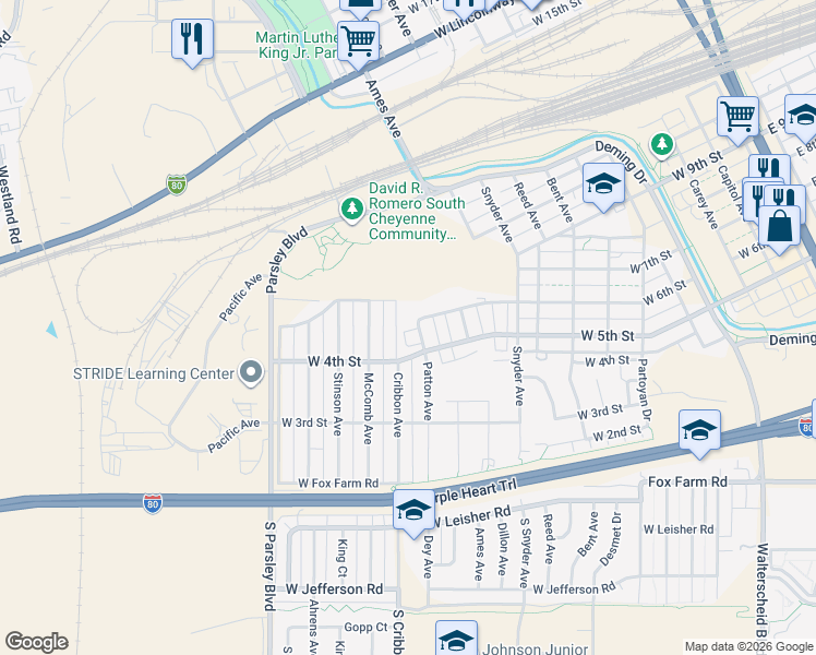 map of restaurants, bars, coffee shops, grocery stores, and more near 500-598 Patton Ave in Cheyenne