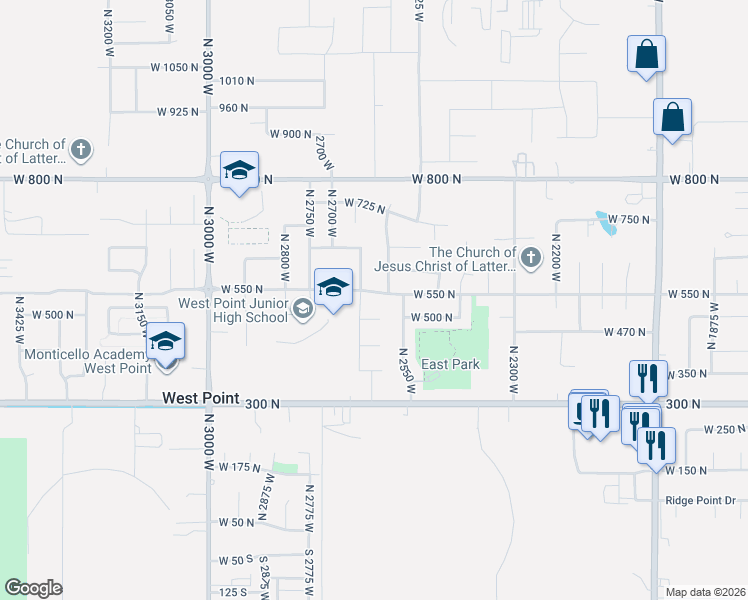 map of restaurants, bars, coffee shops, grocery stores, and more near 2607 West 550 North in West Point