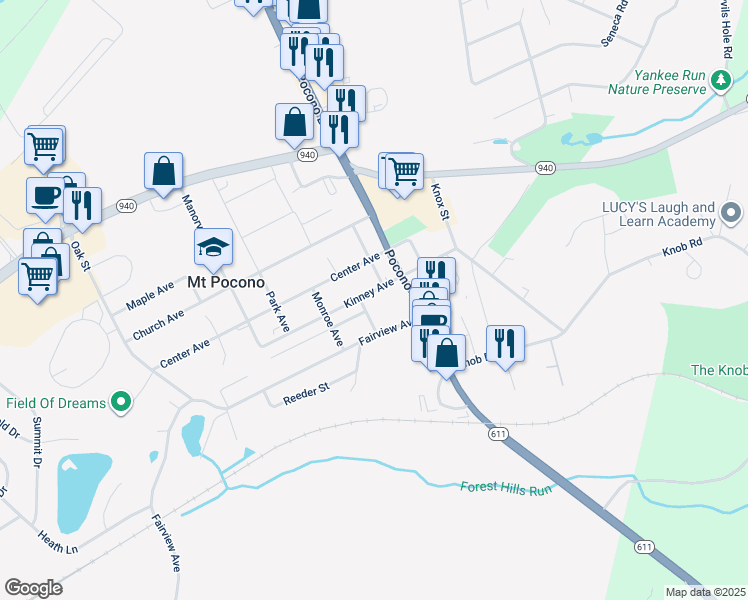 map of restaurants, bars, coffee shops, grocery stores, and more near 13 Kinney Avenue in Mount Pocono