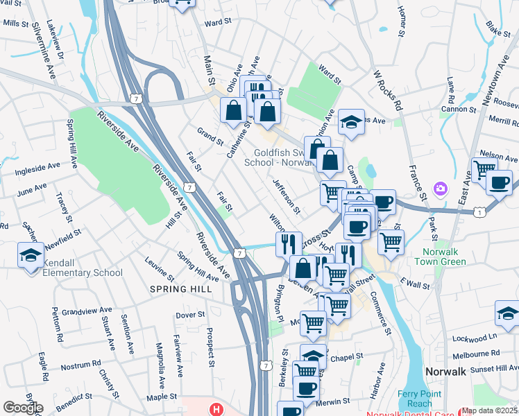 map of restaurants, bars, coffee shops, grocery stores, and more near 33 Wilton Avenue in Norwalk