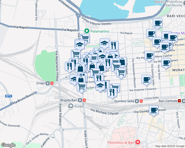 map of restaurants, bars, coffee shops, grocery stores, and more near 21 Via Monsignor Nitti Francesco in Bari