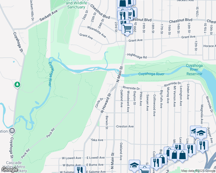 map of restaurants, bars, coffee shops, grocery stores, and more near 1350 North Howard Street in Akron