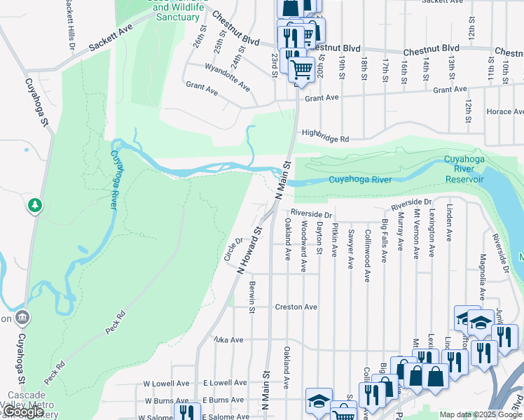 map of restaurants, bars, coffee shops, grocery stores, and more near in Akron