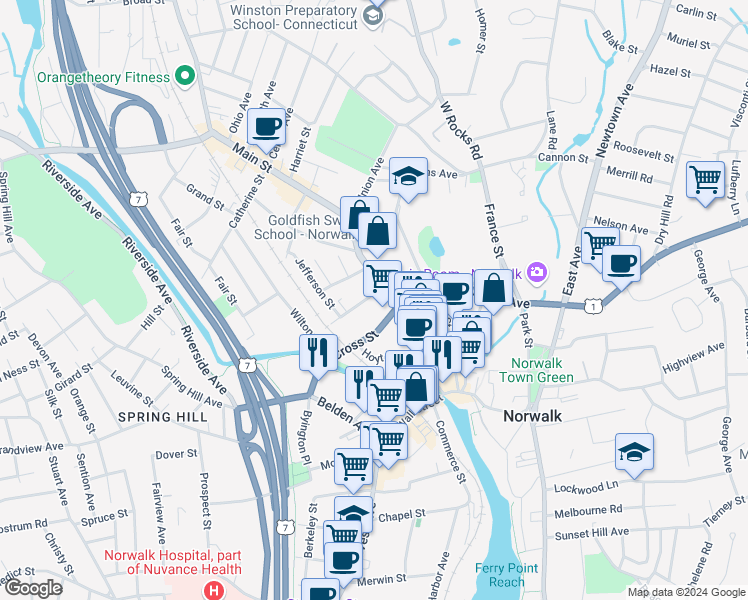 map of restaurants, bars, coffee shops, grocery stores, and more near 10 Cross Street in Norwalk
