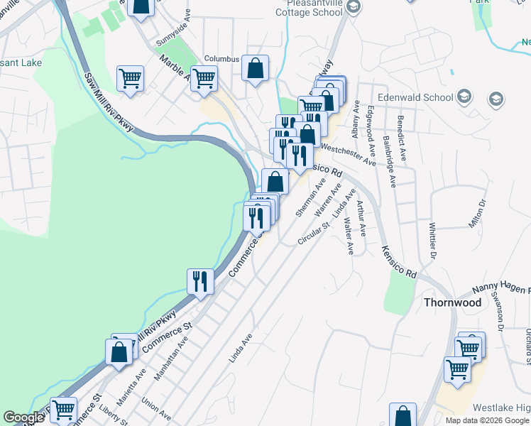 map of restaurants, bars, coffee shops, grocery stores, and more near 822 Commerce Street in Thornwood