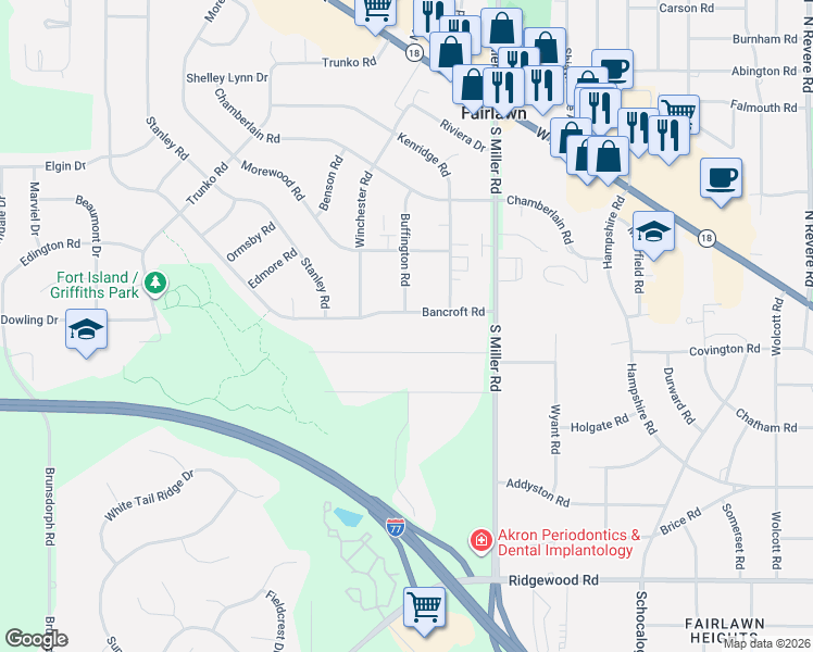 map of restaurants, bars, coffee shops, grocery stores, and more near 2815 Erie Drive in Fairlawn