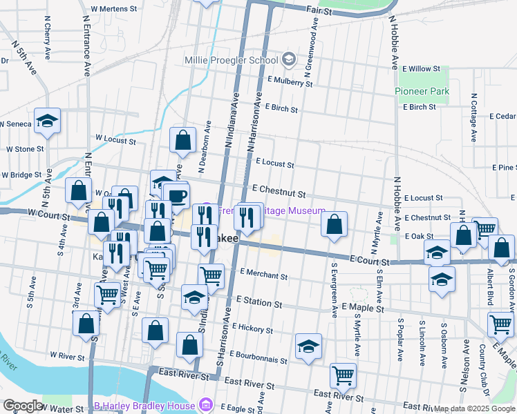 map of restaurants, bars, coffee shops, grocery stores, and more near 200 North Chicago Avenue in Kankakee