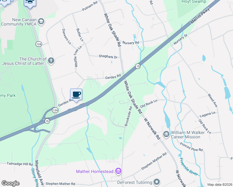 map of restaurants, bars, coffee shops, grocery stores, and more near 495 White Oak Shade Road in New Canaan