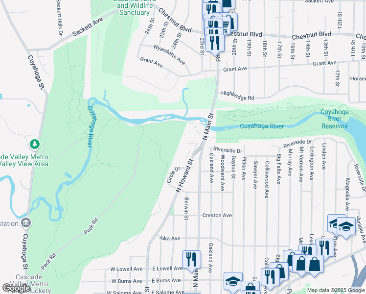 map of restaurants, bars, coffee shops, grocery stores, and more near 1350 North Howard Street in Akron