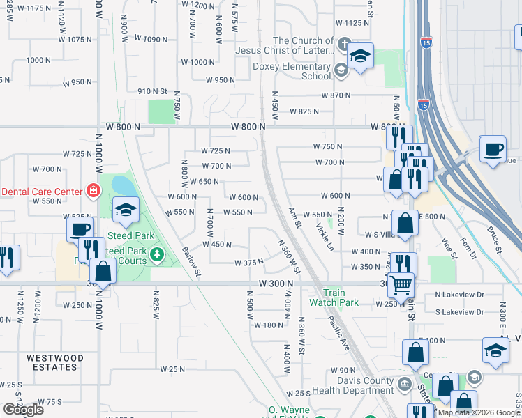 map of restaurants, bars, coffee shops, grocery stores, and more near 654 West 550 North in Clearfield