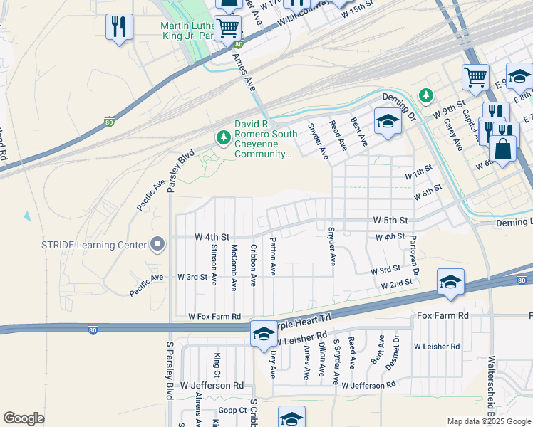 map of restaurants, bars, coffee shops, grocery stores, and more near 598 Patton Avenue in Cheyenne