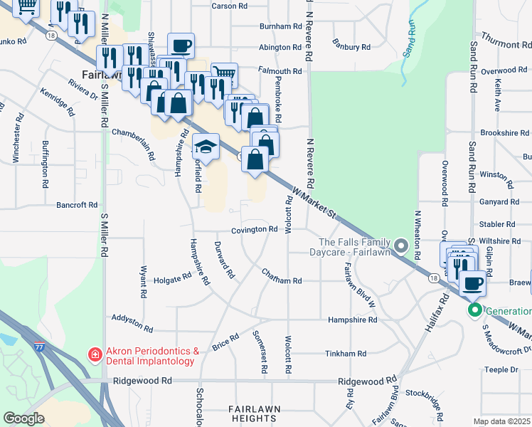 map of restaurants, bars, coffee shops, grocery stores, and more near 2365 Covington Road in Akron