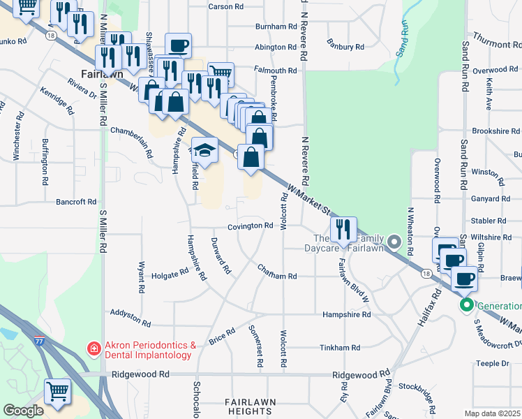 map of restaurants, bars, coffee shops, grocery stores, and more near 2365 Covington Road in Akron