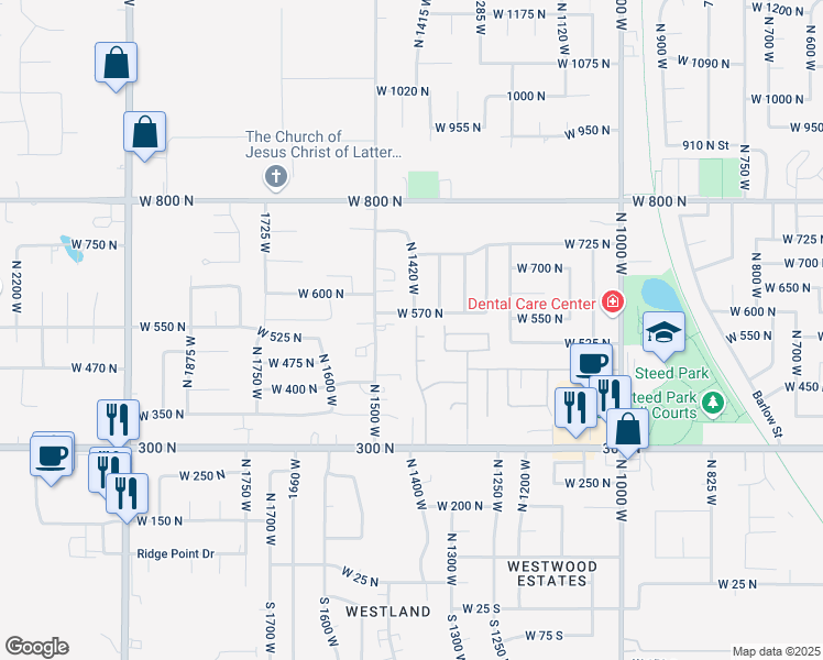 map of restaurants, bars, coffee shops, grocery stores, and more near 1350 West 300 North in Clearfield