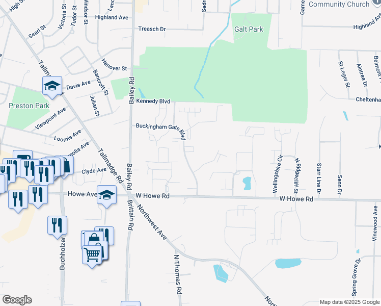 map of restaurants, bars, coffee shops, grocery stores, and more near 1353 Buckingham Gate Boulevard in Cuyahoga Falls