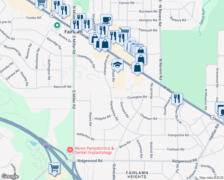 map of restaurants, bars, coffee shops, grocery stores, and more near 550 Hampshire Road in Akron