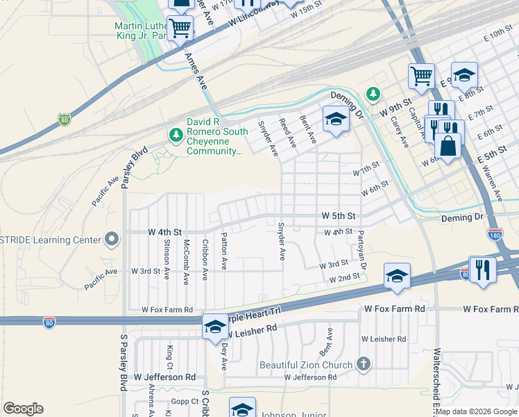 map of restaurants, bars, coffee shops, grocery stores, and more near 957 West 5th Street in Cheyenne