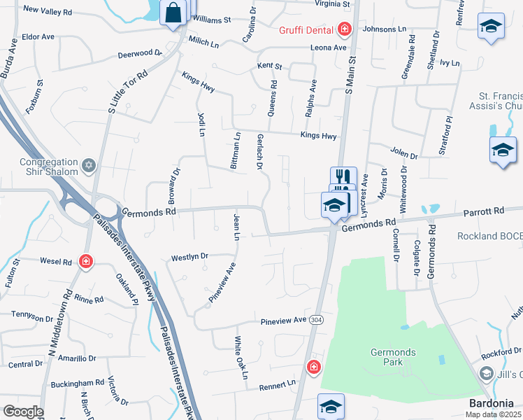 map of restaurants, bars, coffee shops, grocery stores, and more near 63 County Road 27 in New City