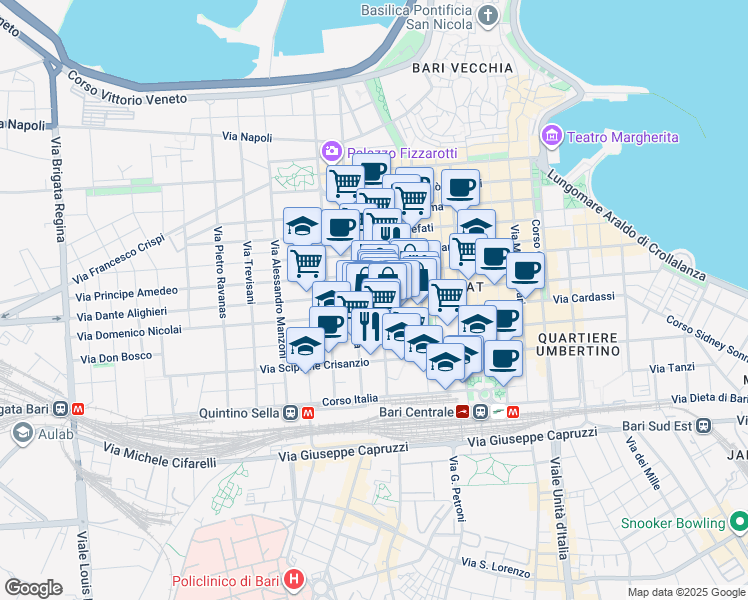 map of restaurants, bars, coffee shops, grocery stores, and more near 18 Via Domenico Nicolai in Bari
