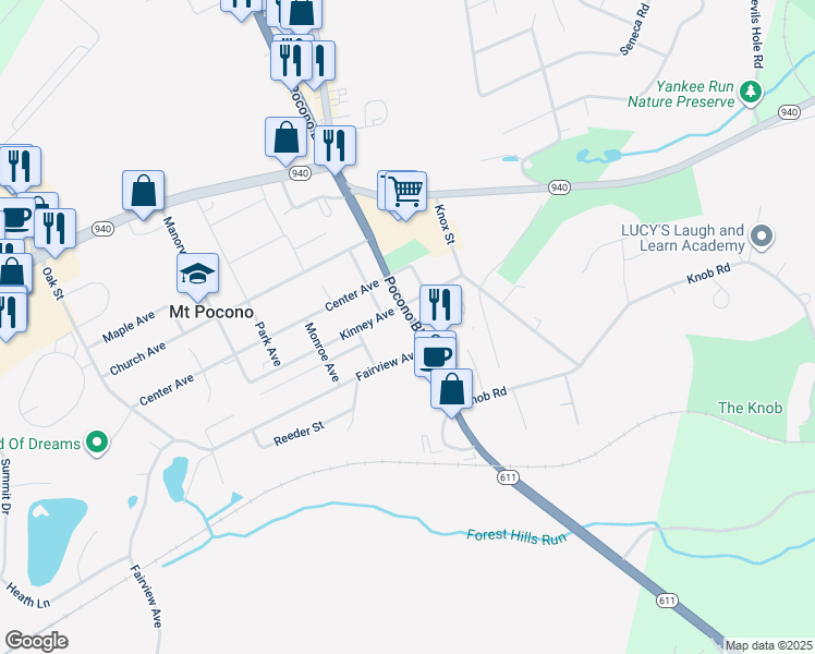 map of restaurants, bars, coffee shops, grocery stores, and more near 1388 Pocono Boulevard in Mount Pocono