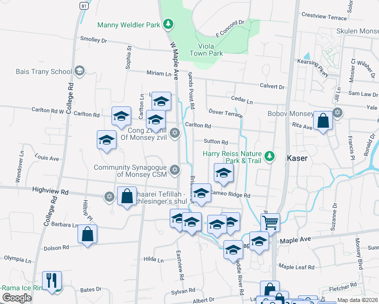 map of restaurants, bars, coffee shops, grocery stores, and more near 46 Briarcliff Drive in Monsey