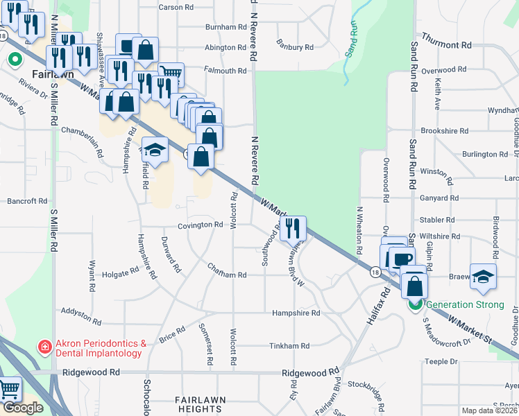 map of restaurants, bars, coffee shops, grocery stores, and more near 37 South Revere Road in Akron