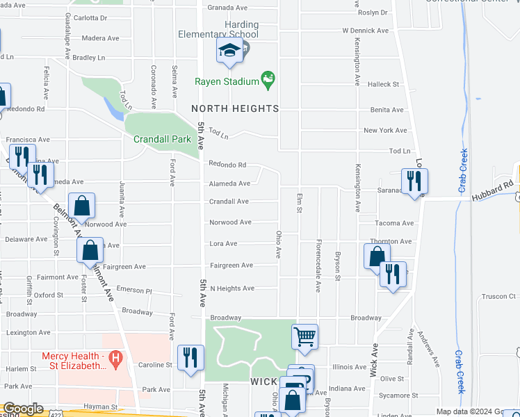 map of restaurants, bars, coffee shops, grocery stores, and more near 234 Norwood Avenue in Youngstown