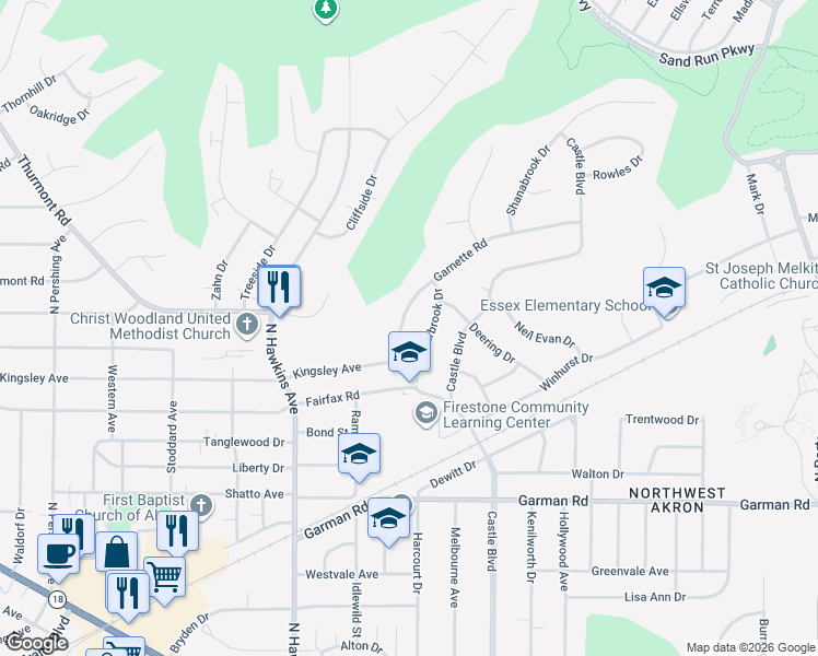 map of restaurants, bars, coffee shops, grocery stores, and more near 472 Clearbrook Drive in Akron