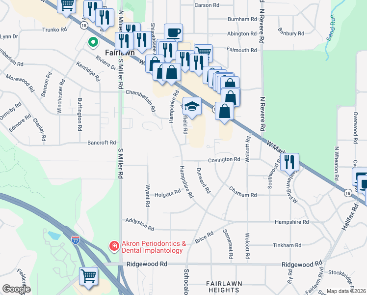 map of restaurants, bars, coffee shops, grocery stores, and more near 550 Hampshire Road in Akron