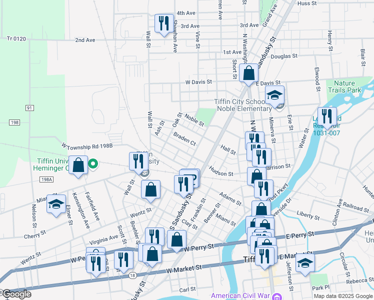 map of restaurants, bars, coffee shops, grocery stores, and more near 18 Grace Street in Tiffin