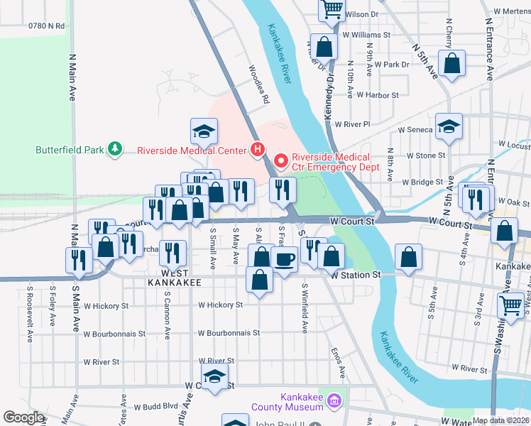 map of restaurants, bars, coffee shops, grocery stores, and more near 1220 West Court Street in Kankakee