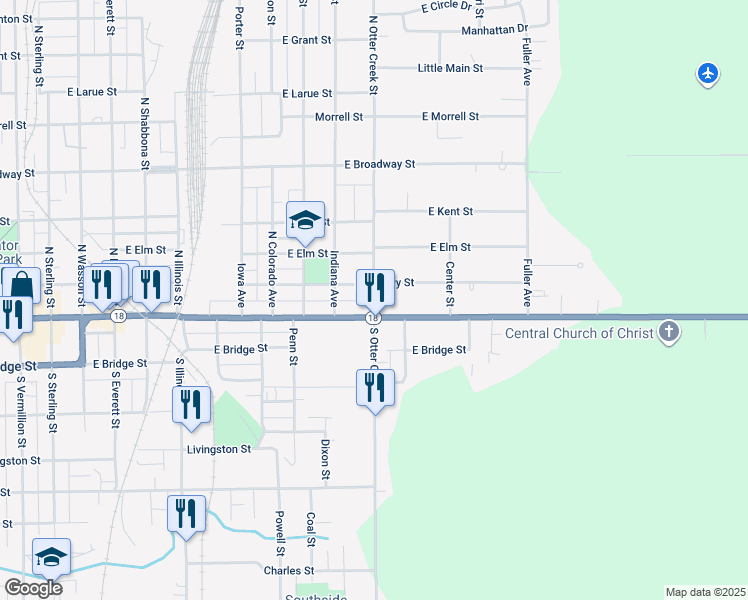 map of restaurants, bars, coffee shops, grocery stores, and more near 1316 East Main Street in Streator
